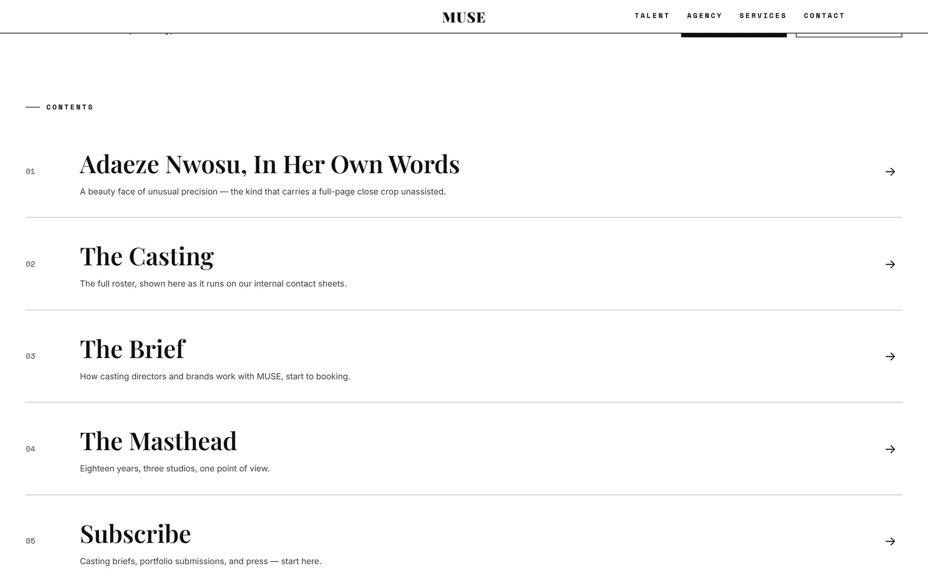 A contents page, numbered 01–05. The tell that this is edited, not indexed. (/)