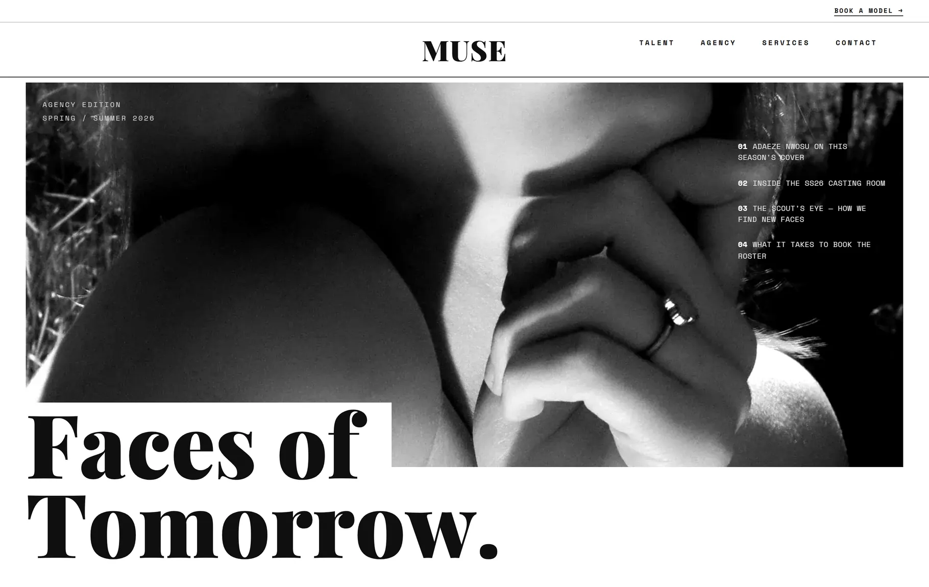 A model agency that opens like a magazine cover, not a directory. (/)