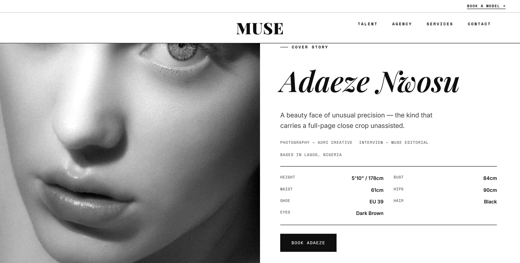 One talent, given a cover story: portrait, pull quote, and the measurements where a caption would sit. (/talent/adaeze-nwosu)