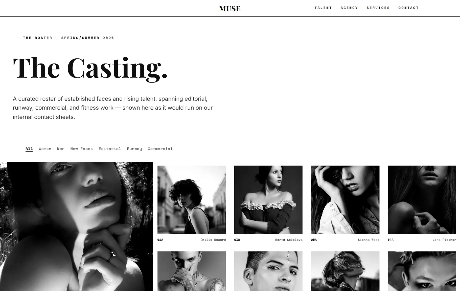 The roster laid out as a contact sheet, the screen that shows this is not a grid of headshots. (/talent)